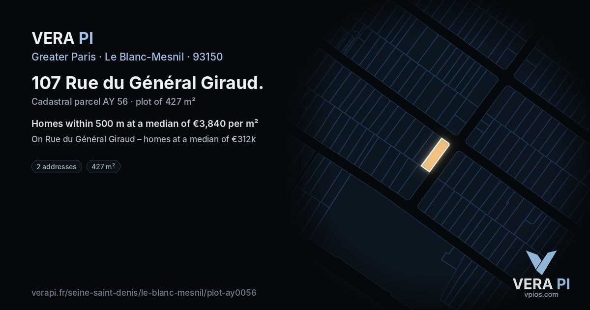 107 Rue du Général Giraud, Le Blanc-Mesnil at night – the plot lit, the parcels around coloured by the prices near them