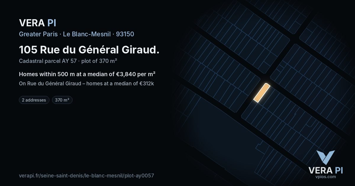 105 Rue du Général Giraud, Le Blanc-Mesnil at night – the plot lit, the parcels around coloured by the prices near them