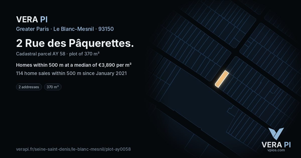 2 Rue des Pâquerettes, Le Blanc-Mesnil at night – the plot lit, the parcels around coloured by the prices near them