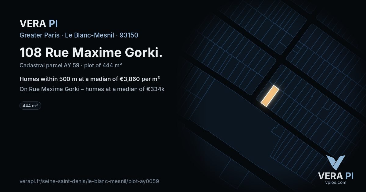 108 Rue Maxime Gorki, Le Blanc-Mesnil at night – the plot lit, the parcels around coloured by the prices near them