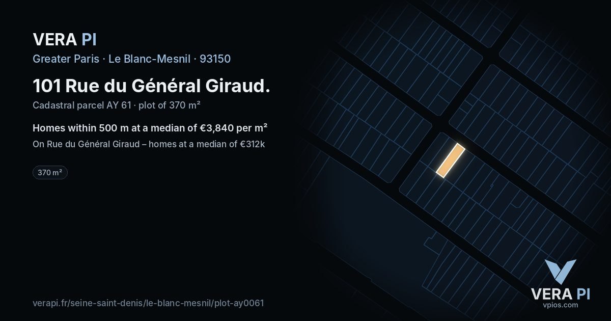 101 Rue du Général Giraud, Le Blanc-Mesnil at night – the plot lit, the parcels around coloured by the prices near them