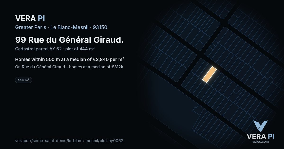 99 Rue du Général Giraud, Le Blanc-Mesnil at night – the plot lit, the parcels around coloured by the prices near them