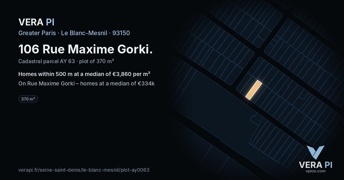106 Rue Maxime Gorki, Le Blanc-Mesnil at night – the plot lit, the parcels around coloured by the prices near them