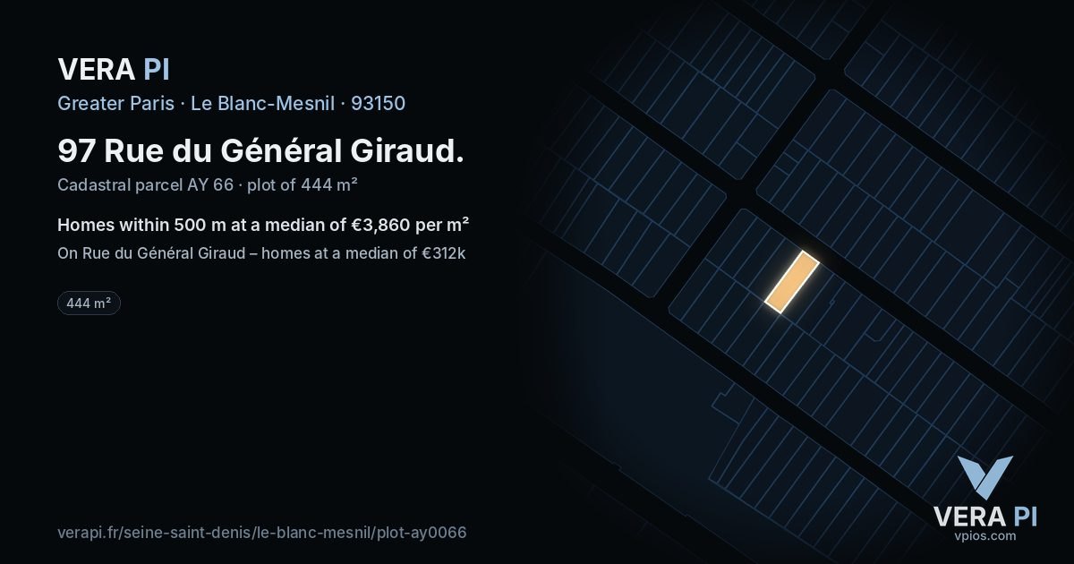 97 Rue du Général Giraud, Le Blanc-Mesnil at night – the plot lit, the parcels around coloured by the prices near them
