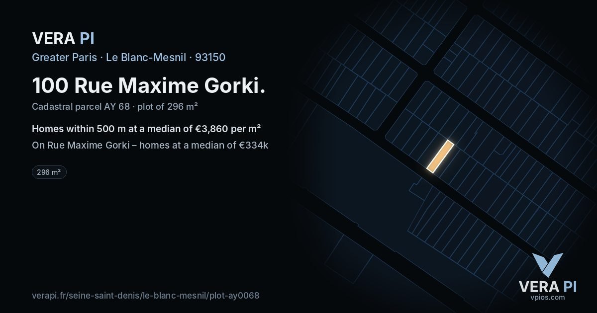 100 Rue Maxime Gorki, Le Blanc-Mesnil at night – the plot lit, the parcels around coloured by the prices near them