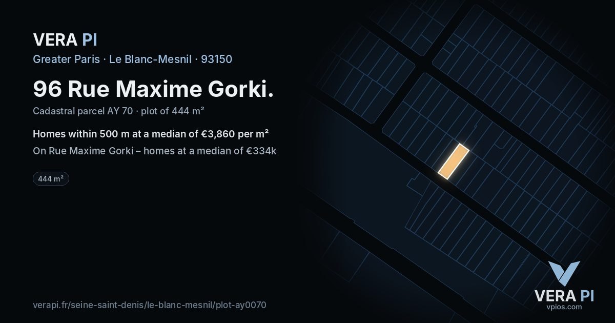 96 Rue Maxime Gorki, Le Blanc-Mesnil at night – the plot lit, the parcels around coloured by the prices near them