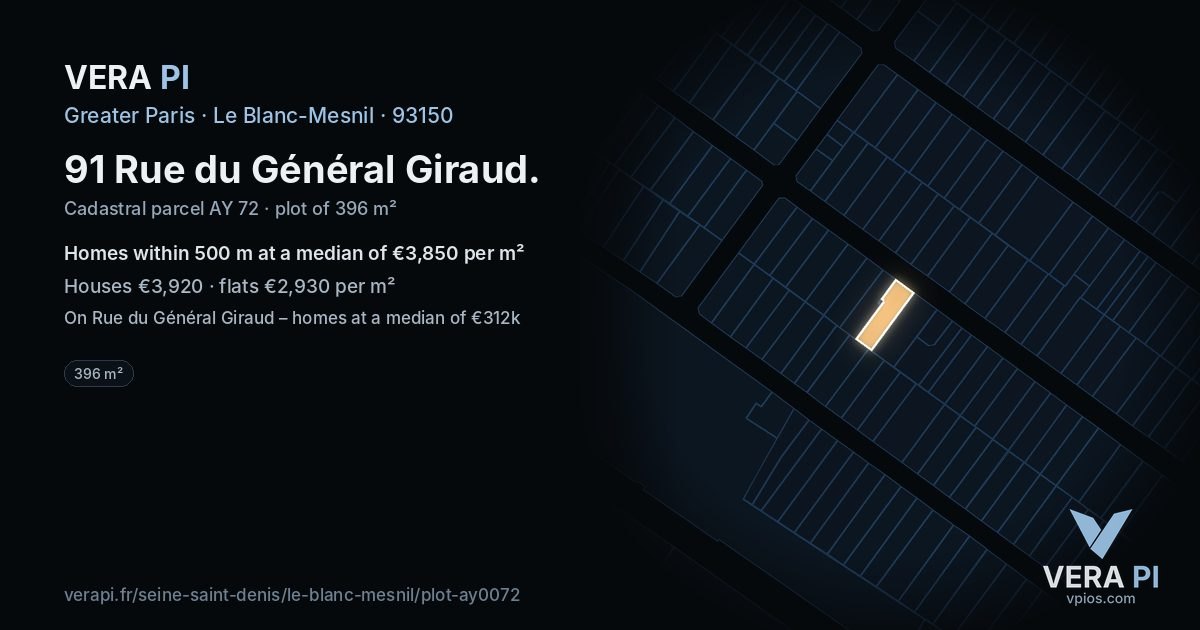 91 Rue du Général Giraud, Le Blanc-Mesnil at night – the plot lit, the parcels around coloured by the prices near them