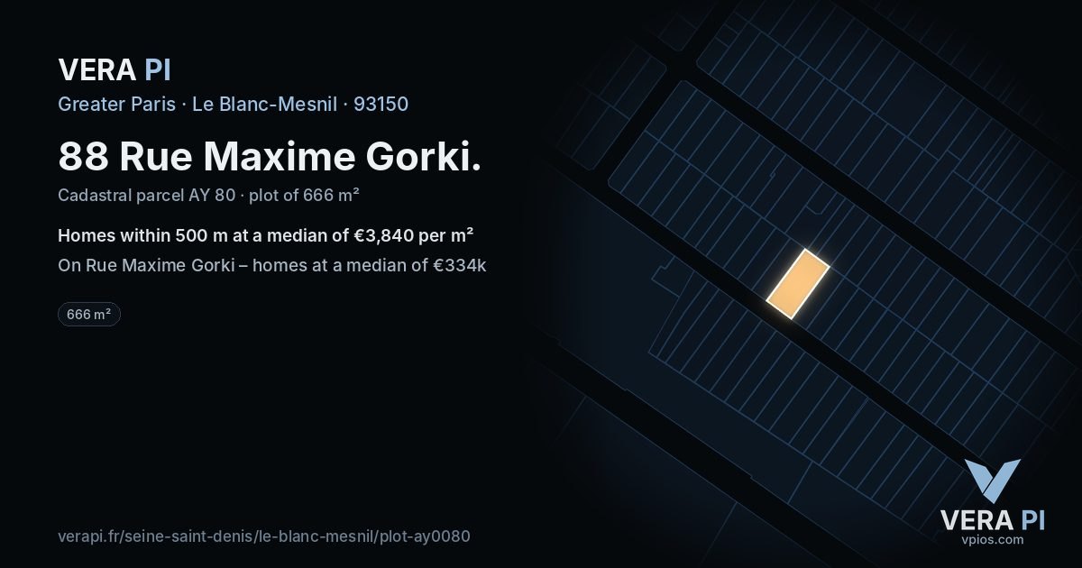 88 Rue Maxime Gorki, Le Blanc-Mesnil at night – the plot lit, the parcels around coloured by the prices near them