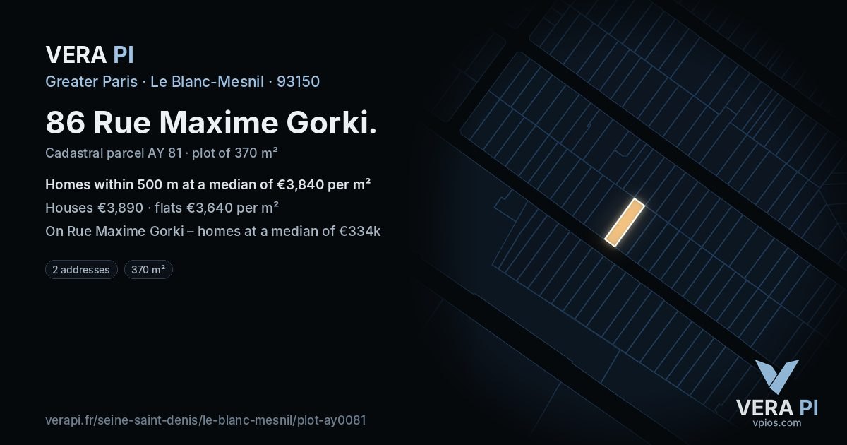 86 Rue Maxime Gorki, Le Blanc-Mesnil at night – the plot lit, the parcels around coloured by the prices near them
