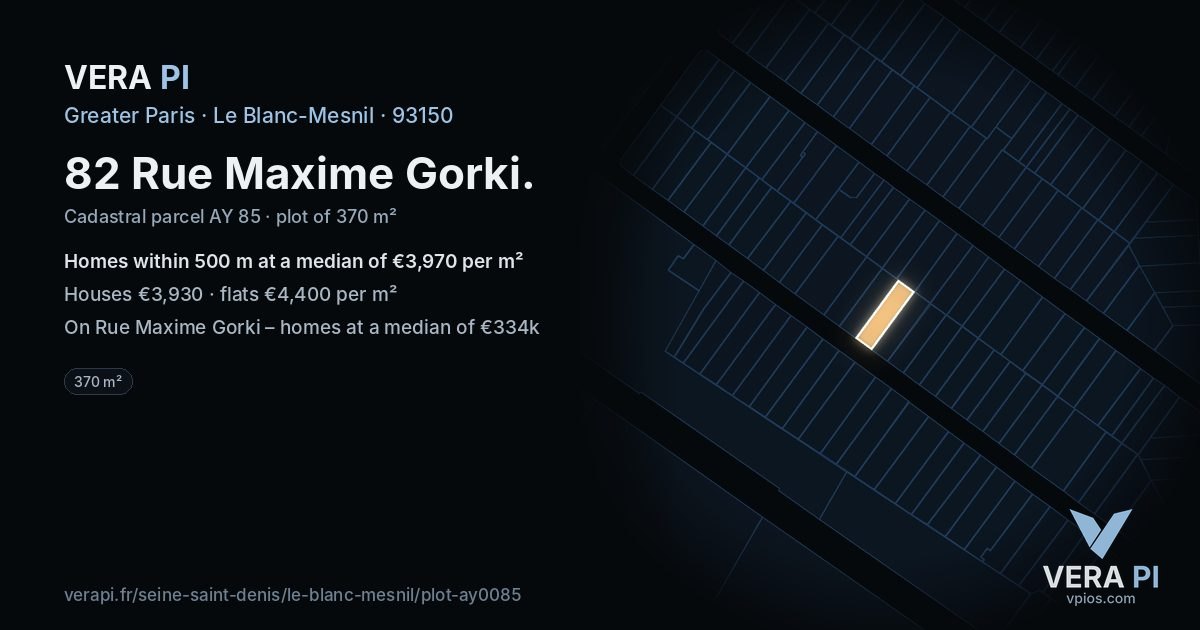 82 Rue Maxime Gorki, Le Blanc-Mesnil at night – the plot lit, the parcels around coloured by the prices near them