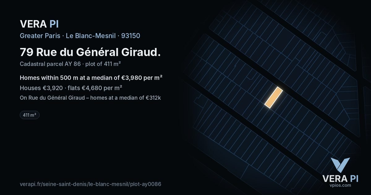 79 Rue du Général Giraud, Le Blanc-Mesnil at night – the plot lit, the parcels around coloured by the prices near them