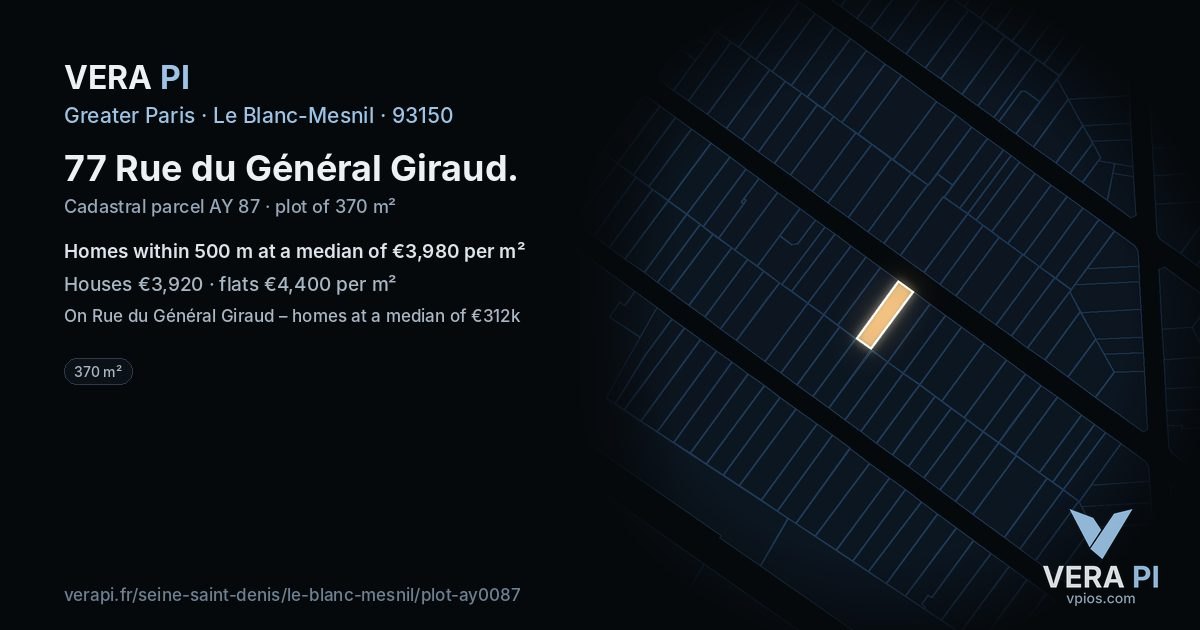 77 Rue du Général Giraud, Le Blanc-Mesnil at night – the plot lit, the parcels around coloured by the prices near them