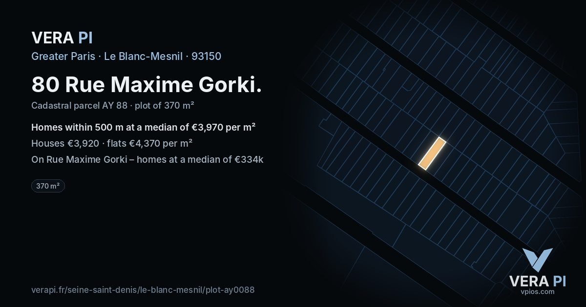 80 Rue Maxime Gorki, Le Blanc-Mesnil at night – the plot lit, the parcels around coloured by the prices near them