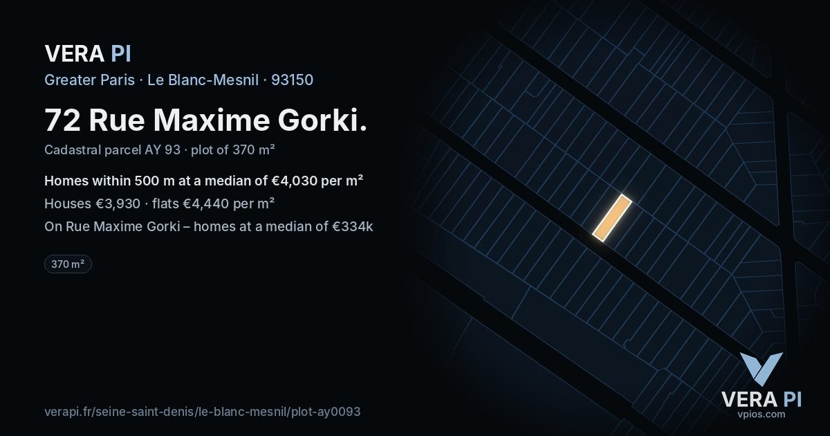 72 Rue Maxime Gorki, Le Blanc-Mesnil at night – the plot lit, the parcels around coloured by the prices near them