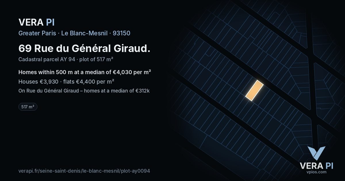 69 Rue du Général Giraud, Le Blanc-Mesnil at night – the plot lit, the parcels around coloured by the prices near them