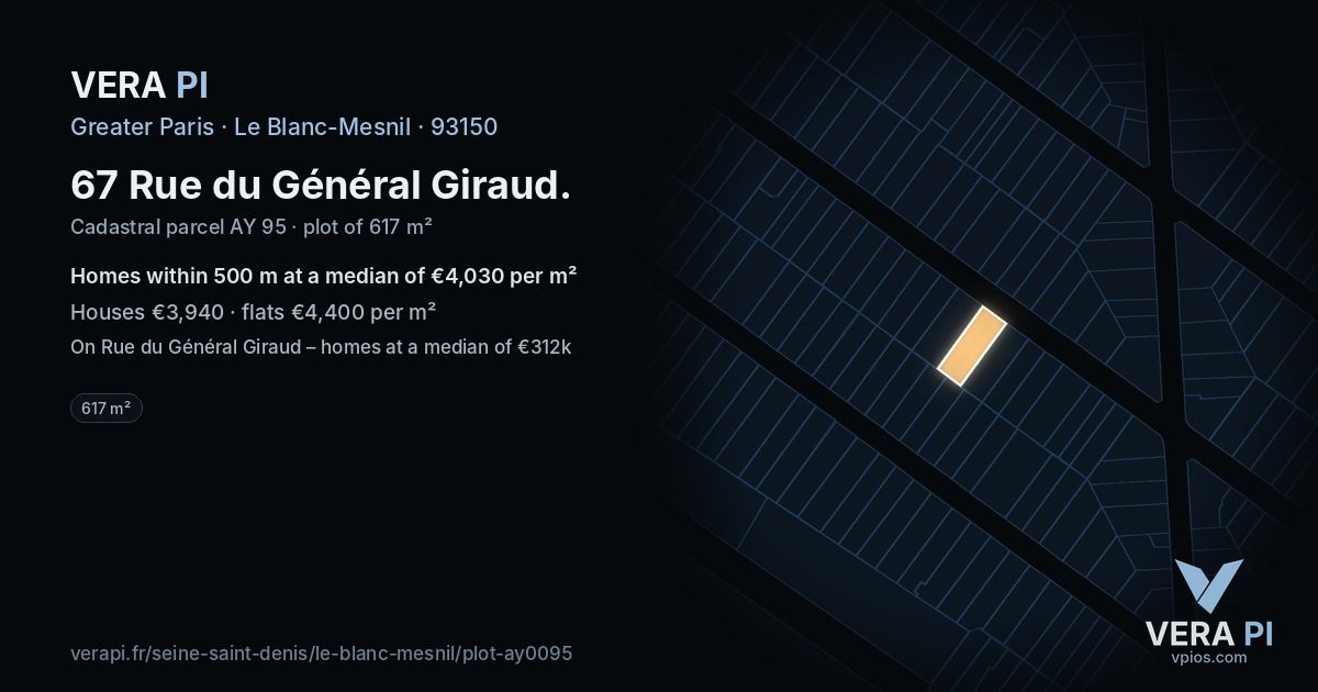 67 Rue du Général Giraud, Le Blanc-Mesnil at night – the plot lit, the parcels around coloured by the prices near them