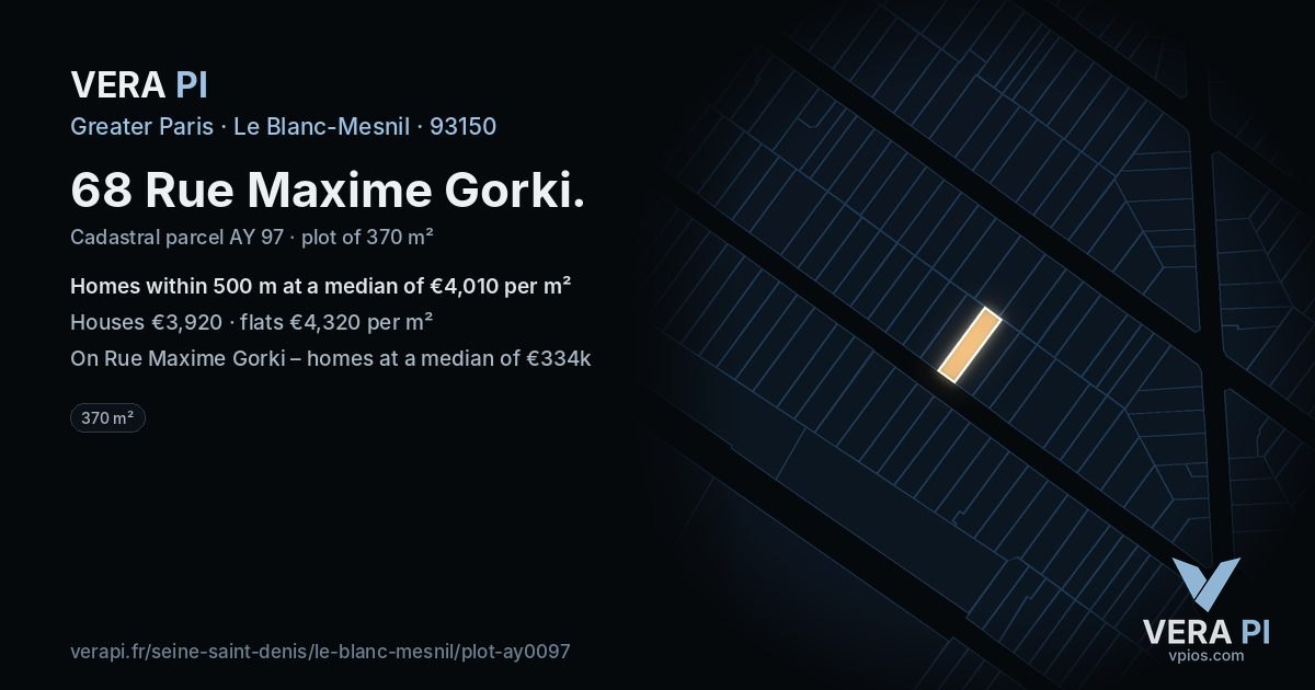 68 Rue Maxime Gorki, Le Blanc-Mesnil at night – the plot lit, the parcels around coloured by the prices near them