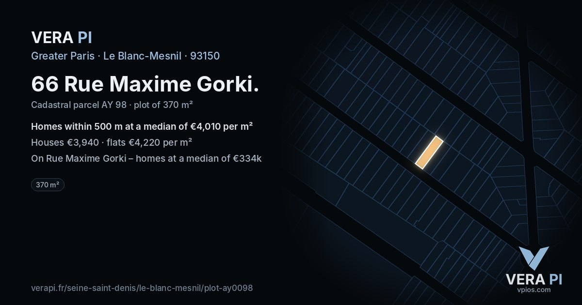 66 Rue Maxime Gorki, Le Blanc-Mesnil at night – the plot lit, the parcels around coloured by the prices near them