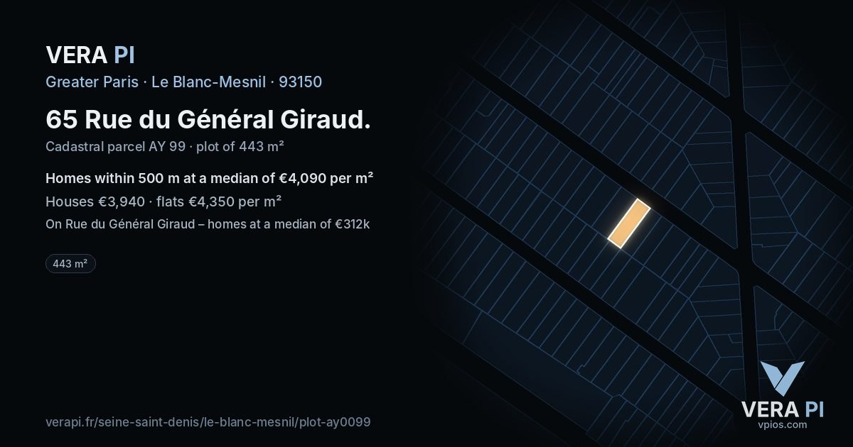 65 Rue du Général Giraud, Le Blanc-Mesnil at night – the plot lit, the parcels around coloured by the prices near them