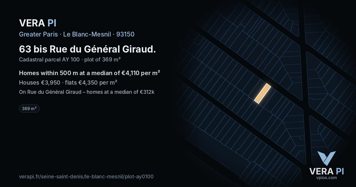 63 bis Rue du Général Giraud, Le Blanc-Mesnil at night – the plot lit, the parcels around coloured by the prices near them
