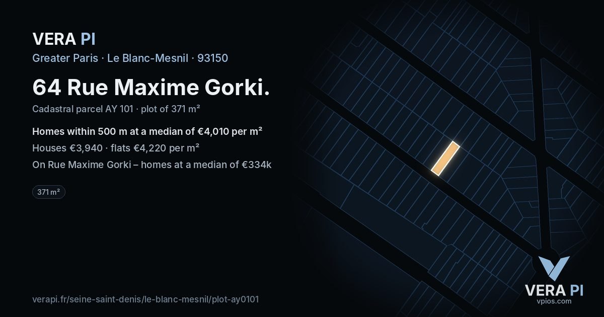 64 Rue Maxime Gorki, Le Blanc-Mesnil at night – the plot lit, the parcels around coloured by the prices near them