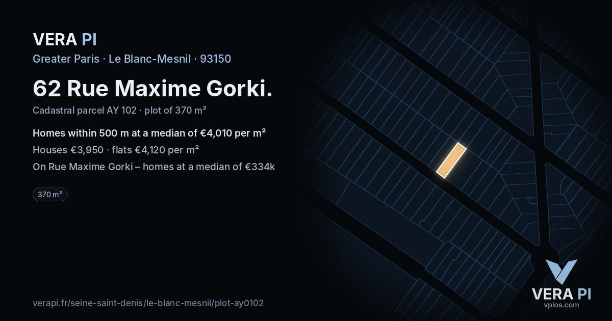 62 Rue Maxime Gorki, Le Blanc-Mesnil at night – the plot lit, the parcels around coloured by the prices near them