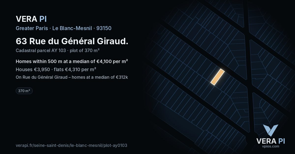 63 Rue du Général Giraud, Le Blanc-Mesnil at night – the plot lit, the parcels around coloured by the prices near them