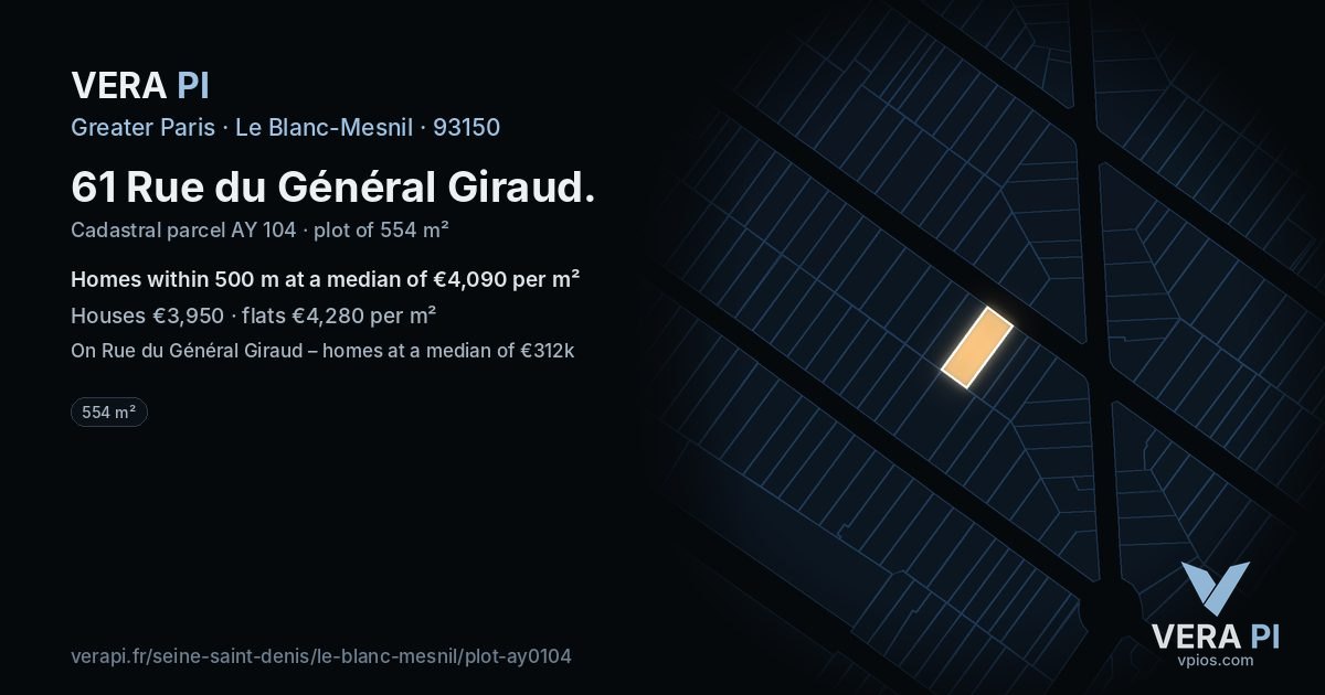 61 Rue du Général Giraud, Le Blanc-Mesnil at night – the plot lit, the parcels around coloured by the prices near them