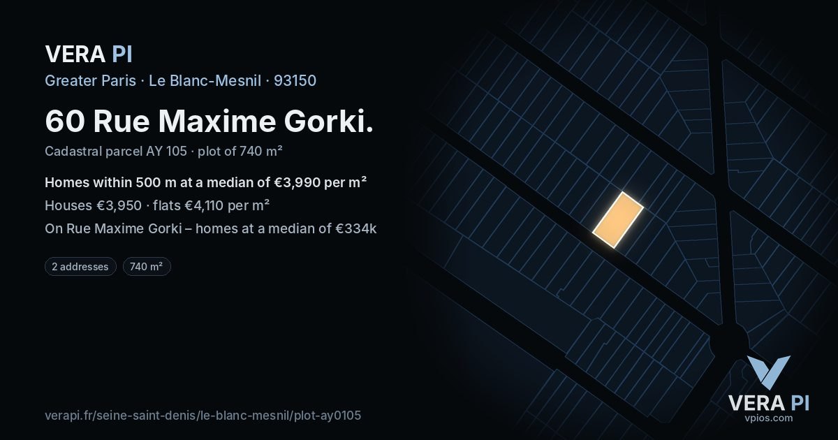60 Rue Maxime Gorki, Le Blanc-Mesnil at night – the plot lit, the parcels around coloured by the prices near them