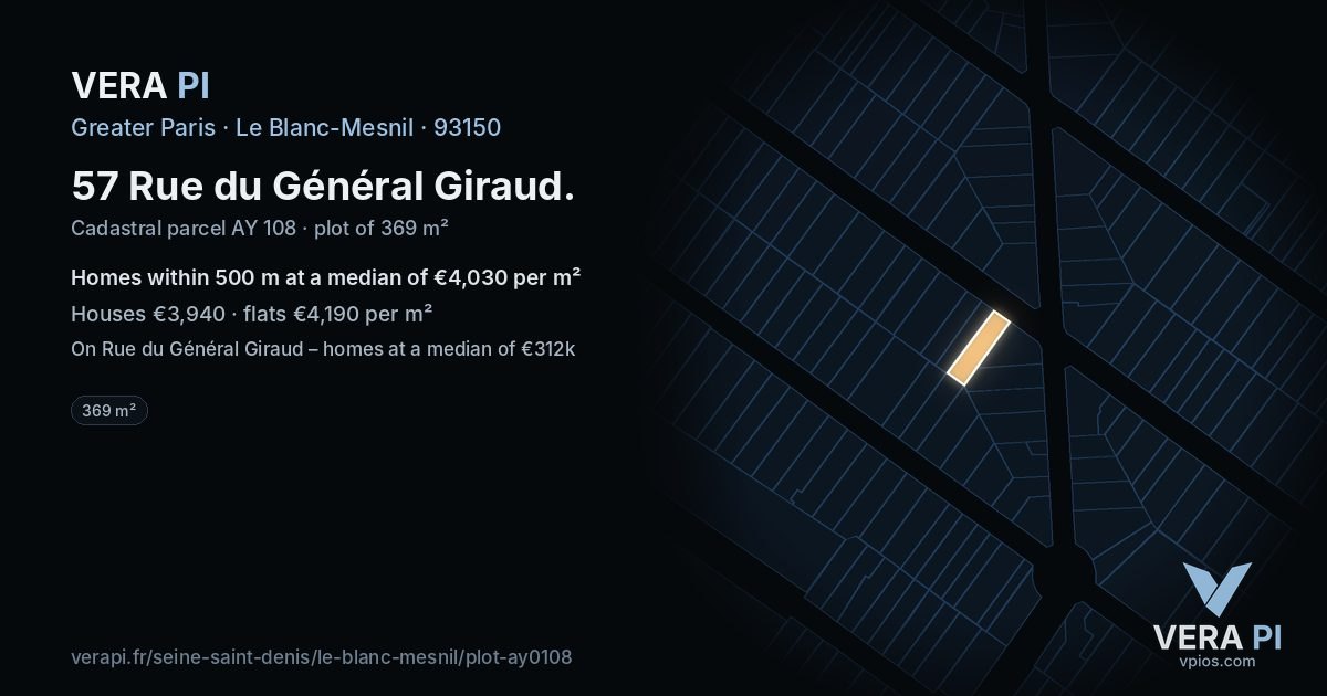 57 Rue du Général Giraud, Le Blanc-Mesnil at night – the plot lit, the parcels around coloured by the prices near them