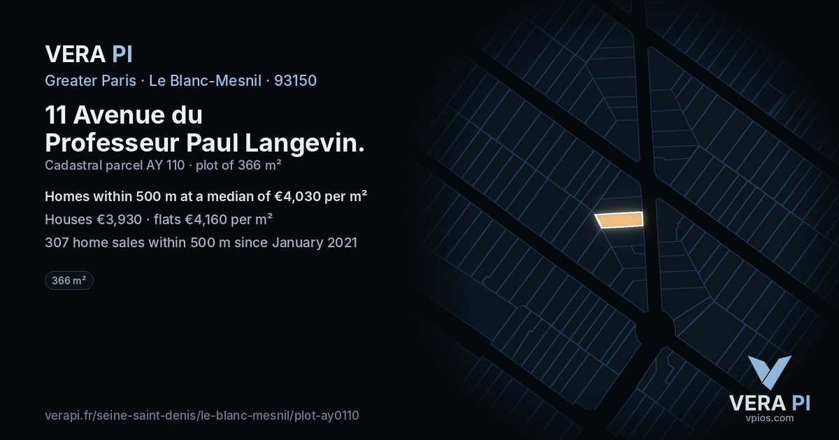 11 Avenue du Professeur Paul Langevin, Le Blanc-Mesnil at night – the plot lit, the parcels around coloured by the prices near them