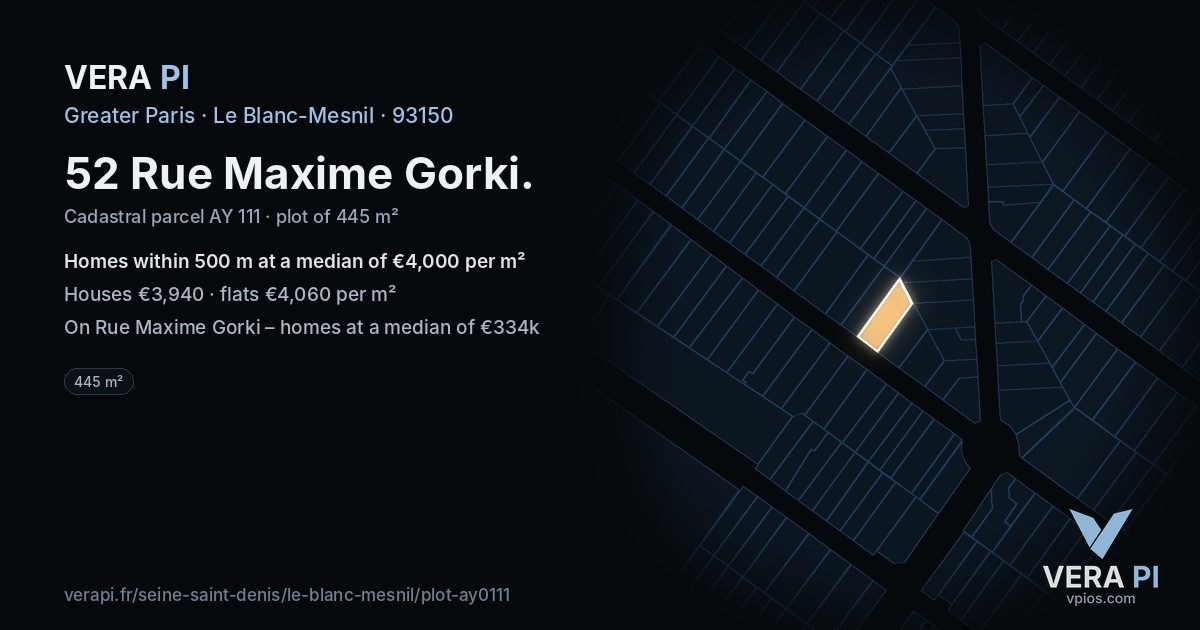 52 Rue Maxime Gorki, Le Blanc-Mesnil at night – the plot lit, the parcels around coloured by the prices near them