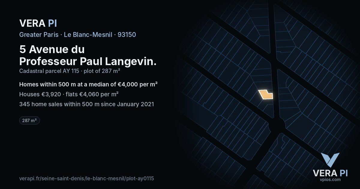 5 Avenue du Professeur Paul Langevin, Le Blanc-Mesnil at night – the plot lit, the parcels around coloured by the prices near them