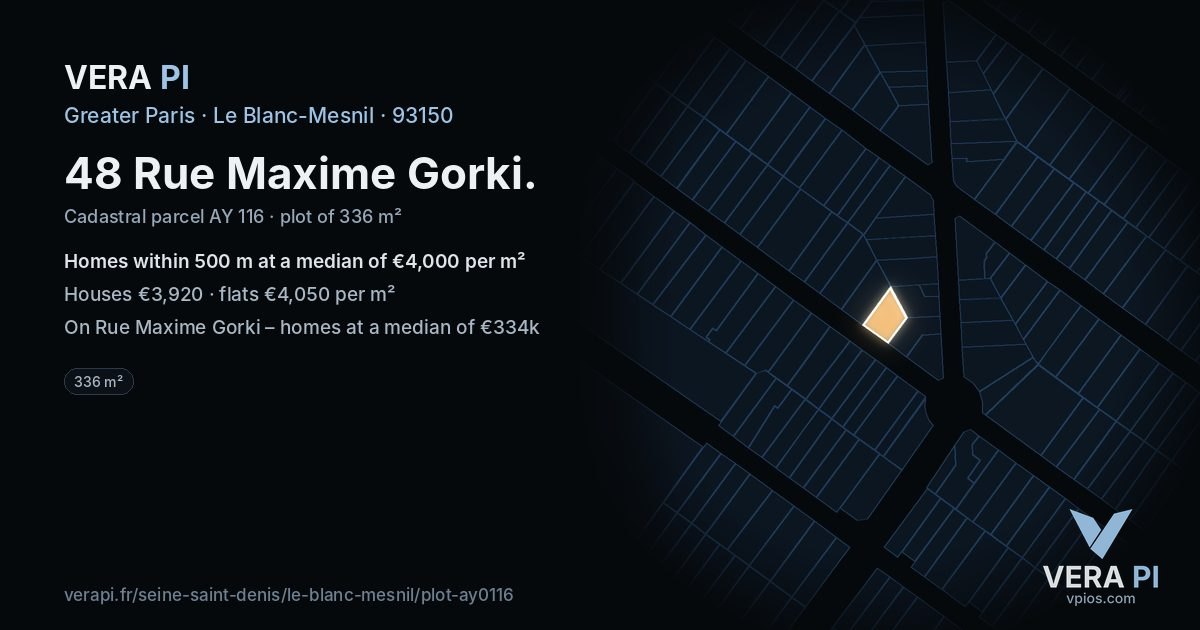 48 Rue Maxime Gorki, Le Blanc-Mesnil at night – the plot lit, the parcels around coloured by the prices near them