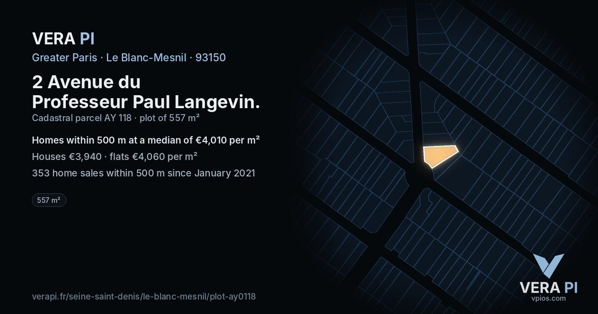 2 Avenue du Professeur Paul Langevin, Le Blanc-Mesnil at night – the plot lit, the parcels around coloured by the prices near them