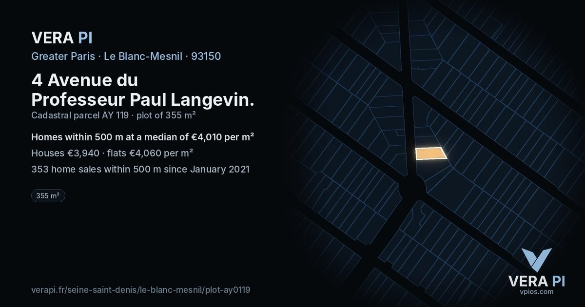 4 Avenue du Professeur Paul Langevin, Le Blanc-Mesnil at night – the plot lit, the parcels around coloured by the prices near them
