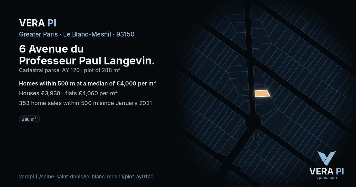 6 Avenue du Professeur Paul Langevin, Le Blanc-Mesnil at night – the plot lit, the parcels around coloured by the prices near them