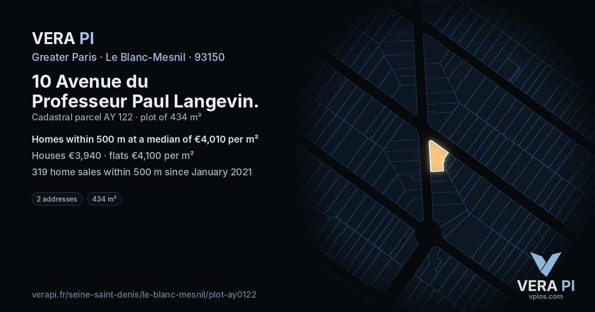 10 Avenue du Professeur Paul Langevin, Le Blanc-Mesnil at night – the plot lit, the parcels around coloured by the prices near them