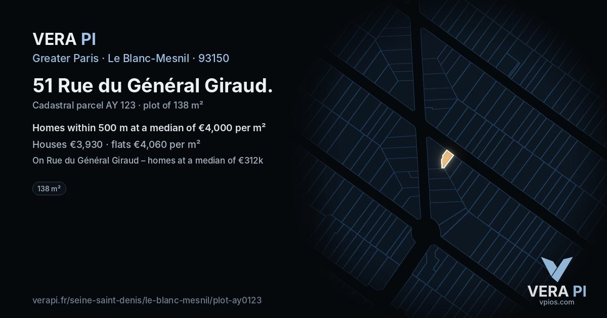 51 Rue du Général Giraud, Le Blanc-Mesnil at night – the plot lit, the parcels around coloured by the prices near them