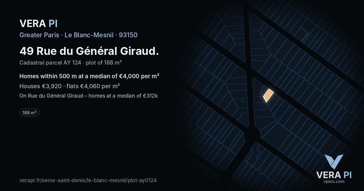 49 Rue du Général Giraud, Le Blanc-Mesnil at night – the plot lit, the parcels around coloured by the prices near them