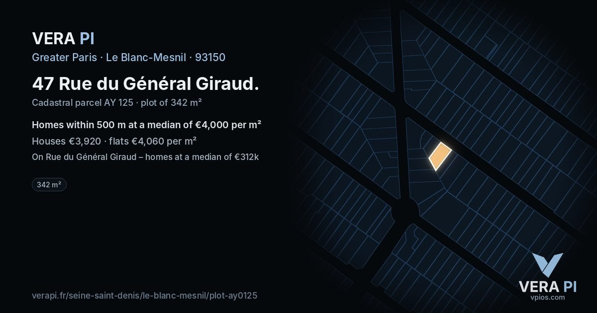 47 Rue du Général Giraud, Le Blanc-Mesnil at night – the plot lit, the parcels around coloured by the prices near them
