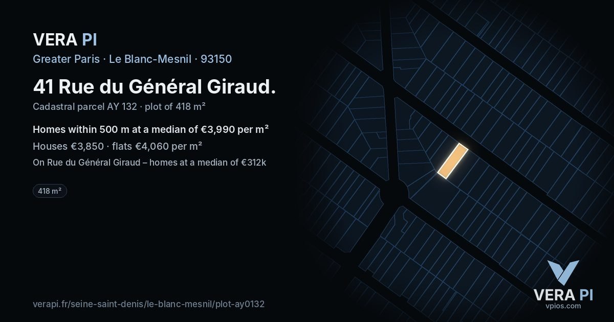 41 Rue du Général Giraud, Le Blanc-Mesnil at night – the plot lit, the parcels around coloured by the prices near them