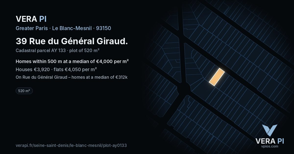 39 Rue du Général Giraud, Le Blanc-Mesnil at night – the plot lit, the parcels around coloured by the prices near them