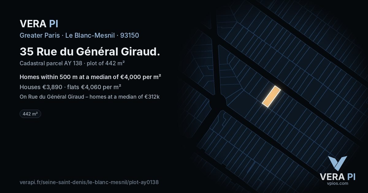 35 Rue du Général Giraud, Le Blanc-Mesnil at night – the plot lit, the parcels around coloured by the prices near them