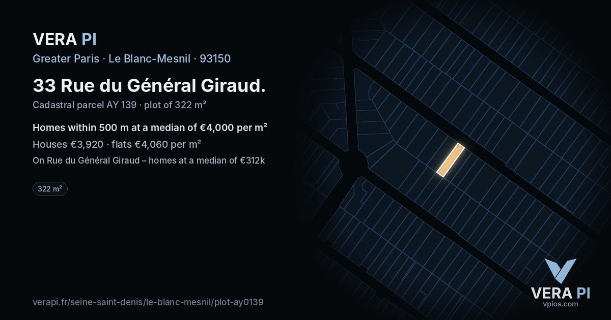 33 Rue du Général Giraud, Le Blanc-Mesnil at night – the plot lit, the parcels around coloured by the prices near them