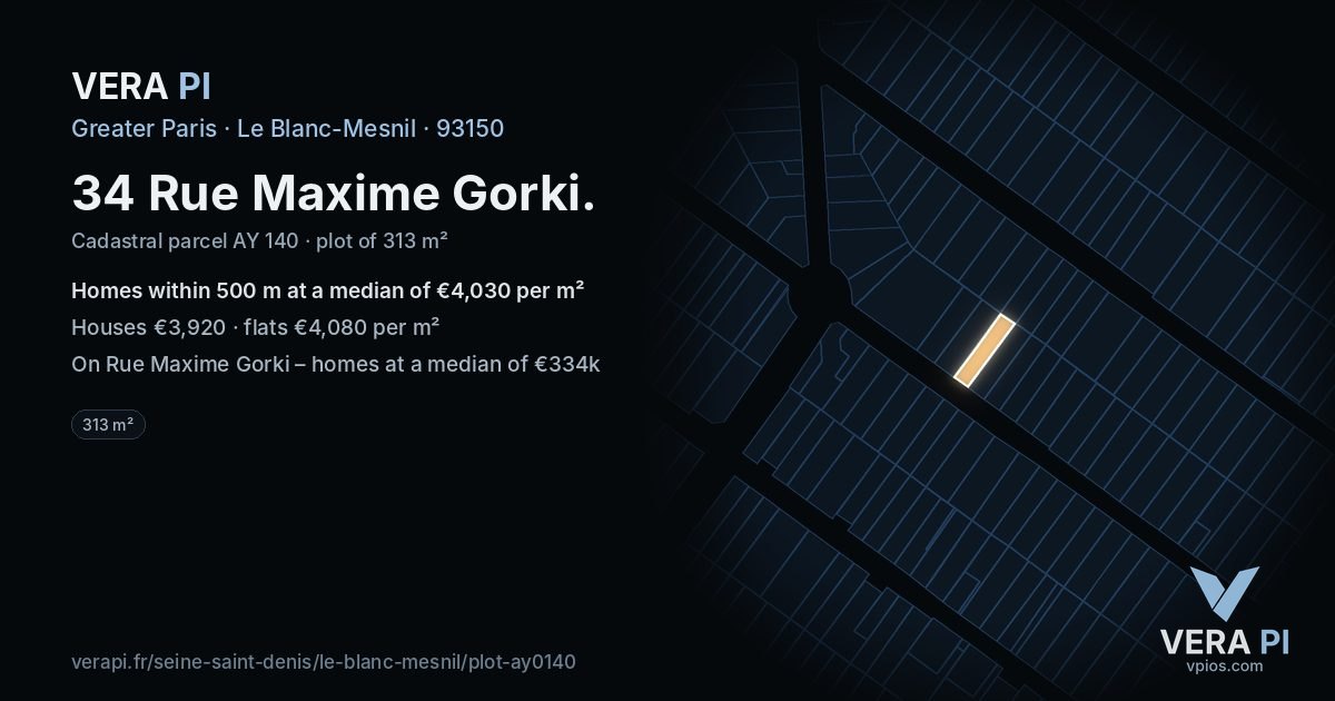 34 Rue Maxime Gorki, Le Blanc-Mesnil at night – the plot lit, the parcels around coloured by the prices near them