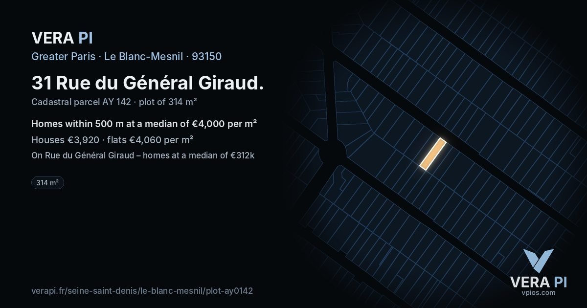 31 Rue du Général Giraud, Le Blanc-Mesnil at night – the plot lit, the parcels around coloured by the prices near them