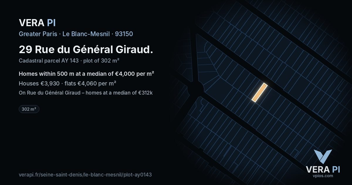 29 Rue du Général Giraud, Le Blanc-Mesnil at night – the plot lit, the parcels around coloured by the prices near them