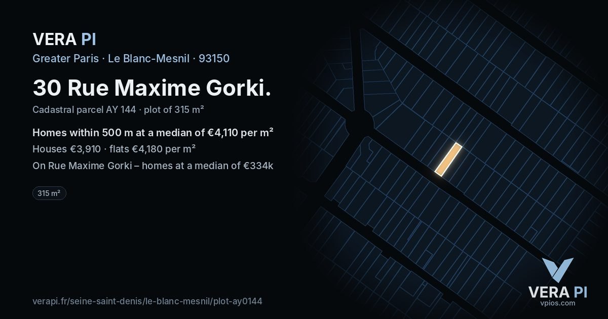 30 Rue Maxime Gorki, Le Blanc-Mesnil at night – the plot lit, the parcels around coloured by the prices near them