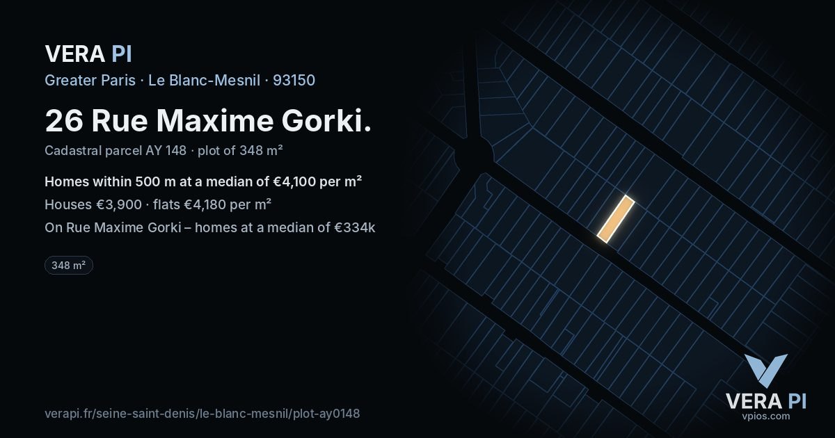 26 Rue Maxime Gorki, Le Blanc-Mesnil at night – the plot lit, the parcels around coloured by the prices near them